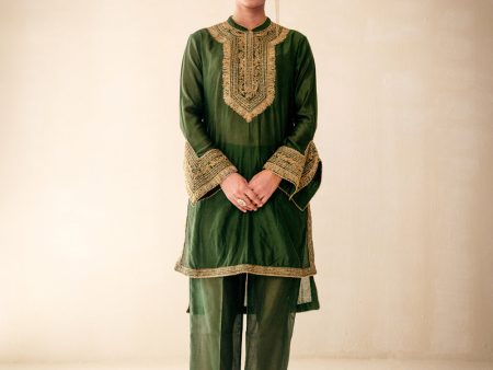 Green High Low Kurta Set Fashion