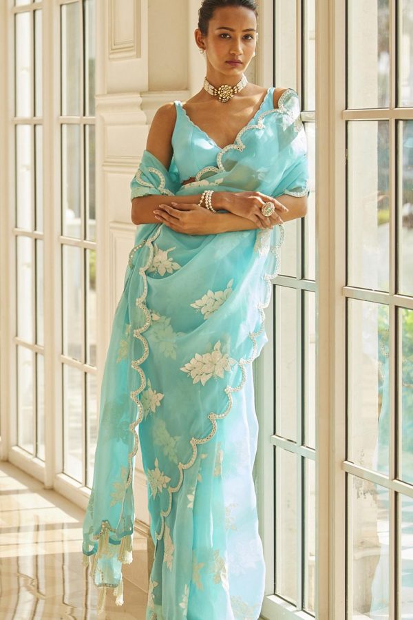 Blue Flower Saree Set Online Hot Sale