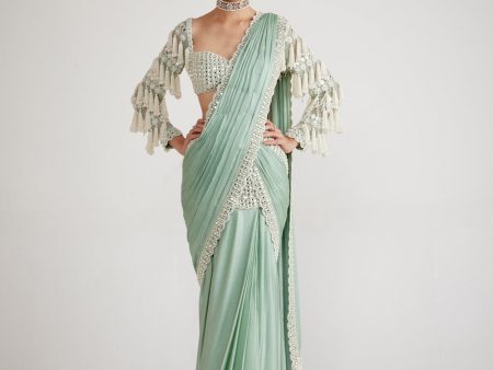 Powder Mint Chandelier Drop Saree Set Cheap