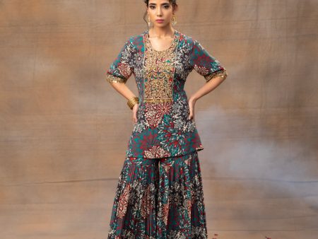 Green Printed Embroidered Short Kurta With Sharara Set Online Sale