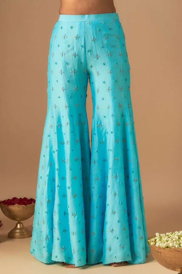 Sky Blue Embroidered Sharara Sari Set Cheap