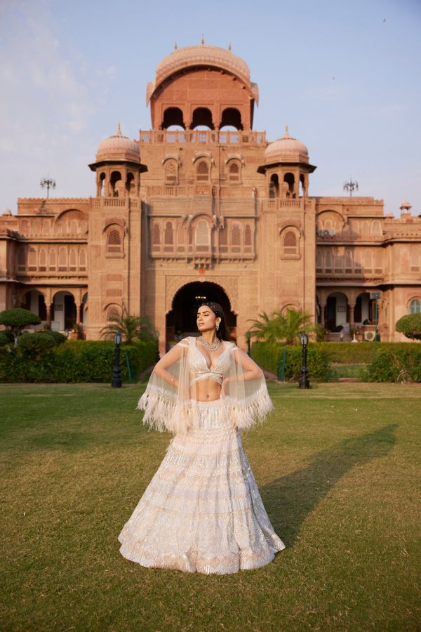 Armina  Silver Sequin And Crystal Beads Hand Embroidered Lehenga Set With Cape Online