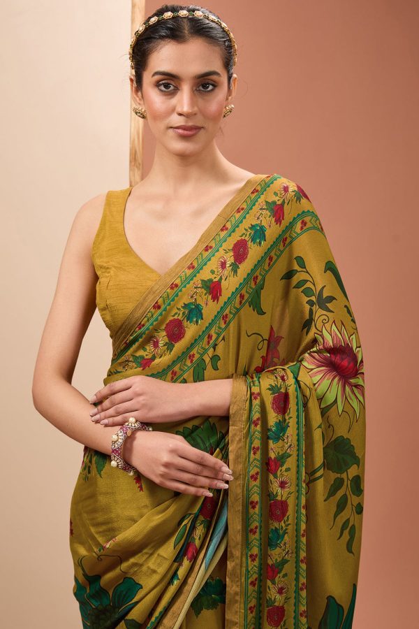 Yellow Viscose Chinon Digital Print Floral V Neck Saree With Blouse For Women Supply