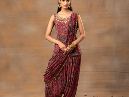 Pink Printed Embroidered Short Top, Dhoti Pants  And Drape Set Cheap