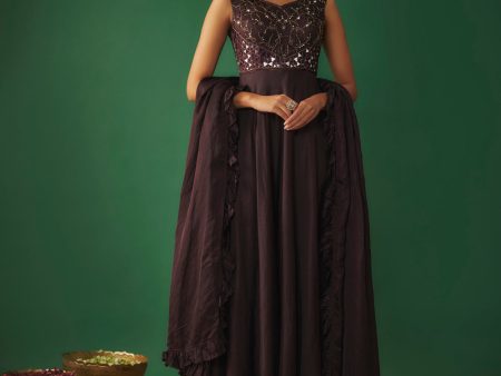 Wine Mirror Embroidered Anarkali With Ruffle Dupatta Hot on Sale