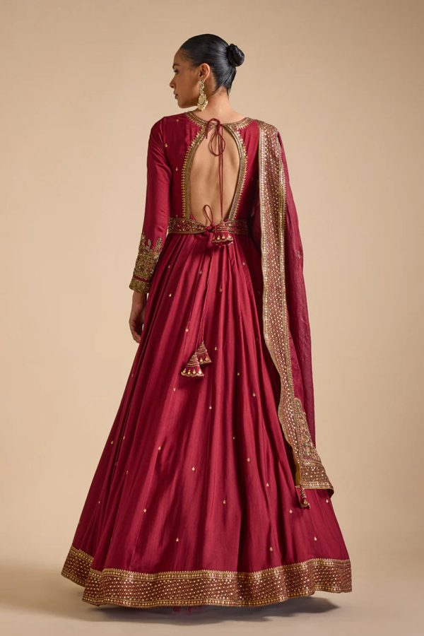 Embroidered Cuff Tussar Anarkali Set For Sale