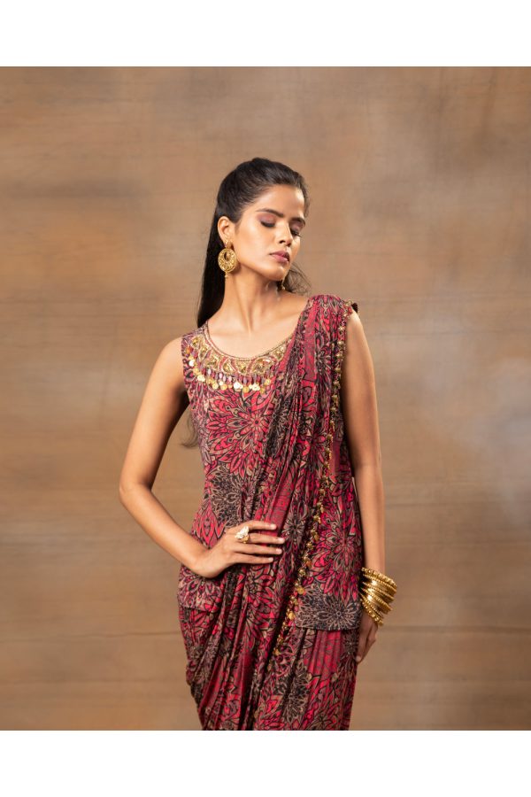 Pink Printed Embroidered Short Top, Dhoti Pants  And Drape Set Cheap