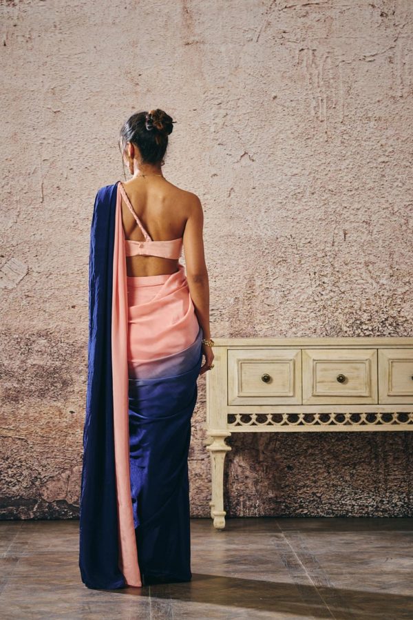 Peach Blouse With [Peach And Navy Blue Ombre Saree on Sale