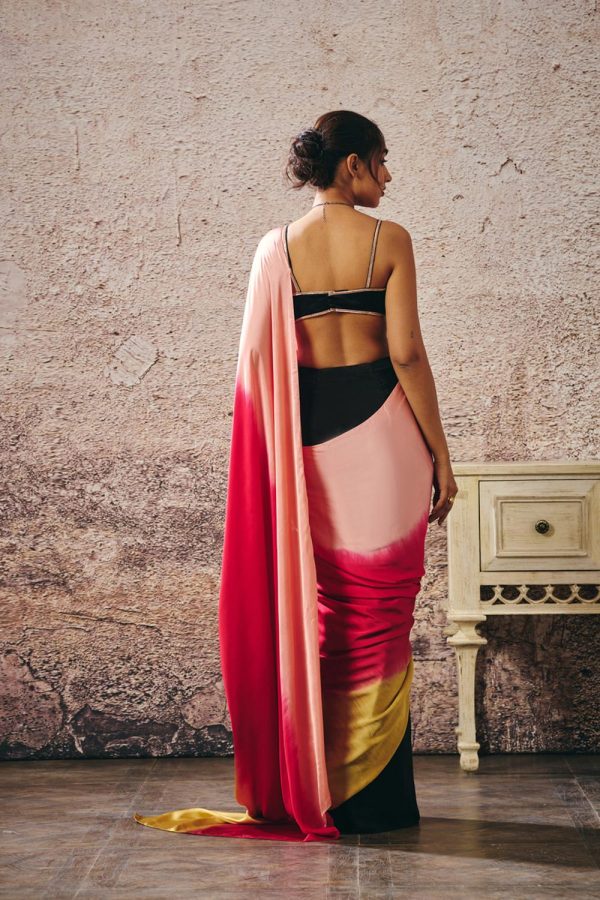 Black Blouse With Black And Red Peach Gold Ombre Saree on Sale