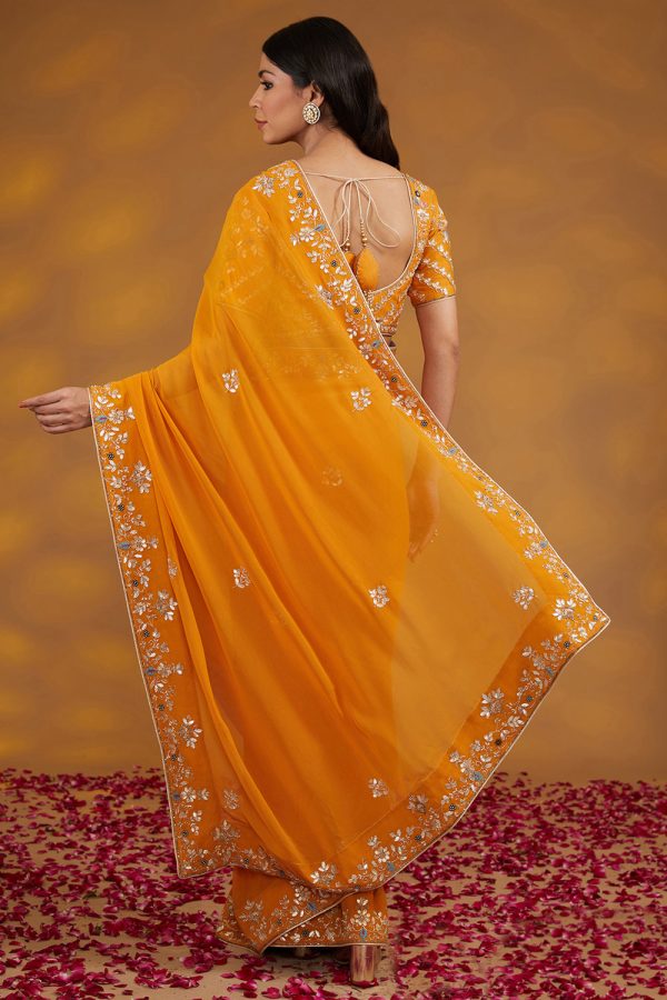 Yellow Georgette Hand Embroidered Saree Set Sale