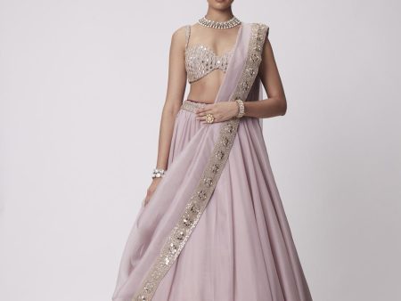 Ash Pink Mirror Hand Embroidered Lehenga Set For Cheap