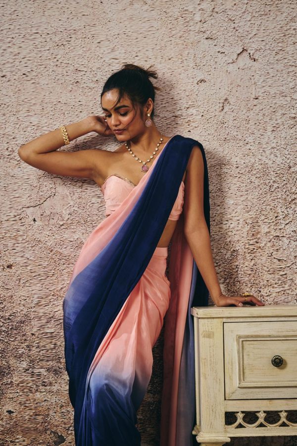 Peach Blouse With [Peach And Navy Blue Ombre Saree on Sale