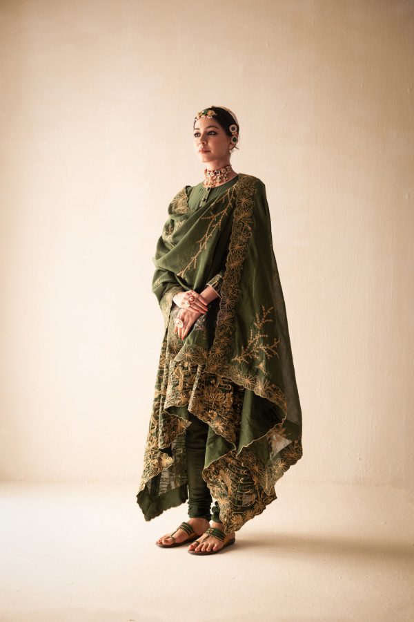 Green Chanderi High Low Anarkali For Sale