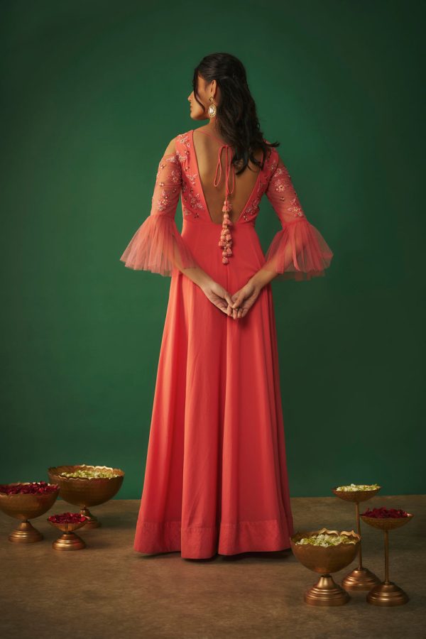 Coral Pink Embroidered Anarkali And Dupatta Set Online Hot Sale