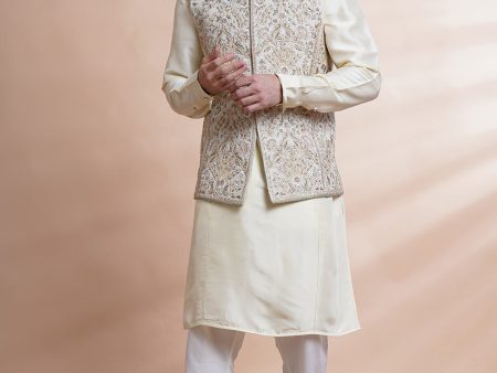 Beige Embroidered Bundi For Discount