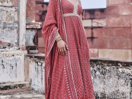 Arvia Printed Mul Anarkali Set - Red Online