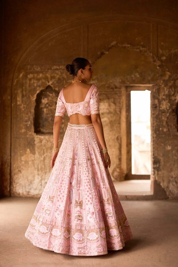 Saasha  Pink Lotus And Elephant Motif Zardosi Bridal Lehenga Set Hot on Sale