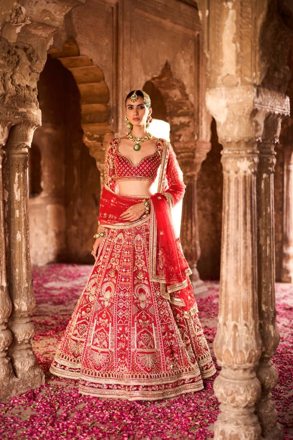 Ilakshi  Deep Red Zardosi Embroidery Bridal Lehenga Set Discount