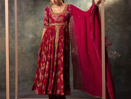 Pink Printed Anarkali, Pants And Dupatta Set With Embroidery Discount