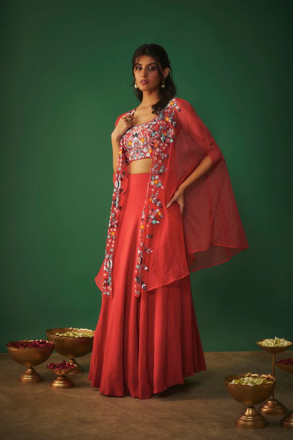 Red Threadwork Embroidered Choli, Cape And Lehenga Set Fashion