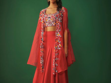 Red Threadwork Embroidered Choli, Cape And Lehenga Set Fashion