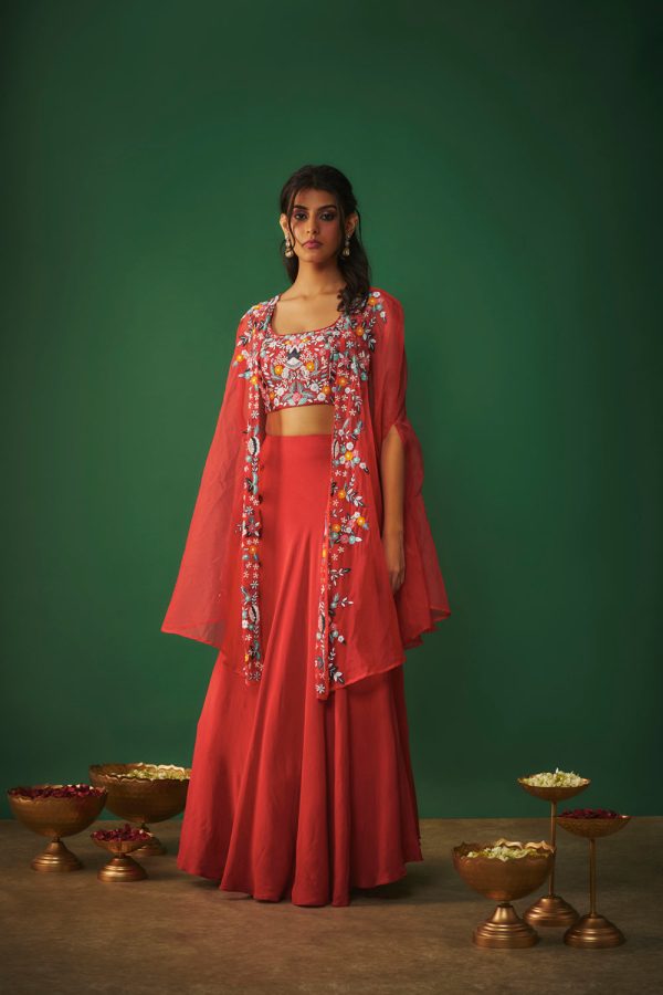 Red Threadwork Embroidered Choli, Cape And Lehenga Set Fashion