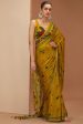 Yellow Viscose Chinon Printed Floral And Stripe Saree & Blouse Set For Women Online Hot Sale