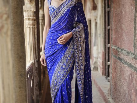 Anushna Handcrafted Badla Georgette Saree Blue Sale