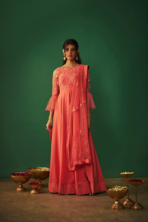 Coral Pink Embroidered Anarkali And Dupatta Set Online Hot Sale