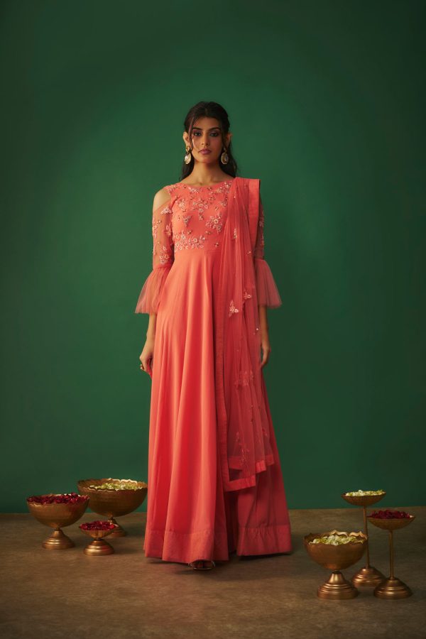 Coral Pink Embroidered Anarkali And Dupatta Set Online Hot Sale