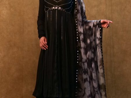 Black Anarkali Paired With Tie- Dye Dupatta And Flared Pants Online now