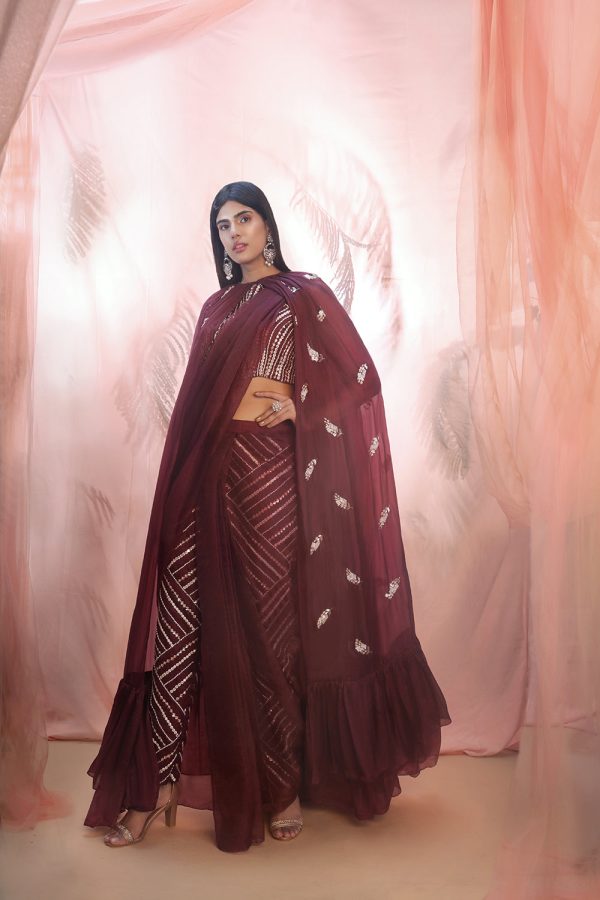 Wine Pant Saree With Cape For Discount