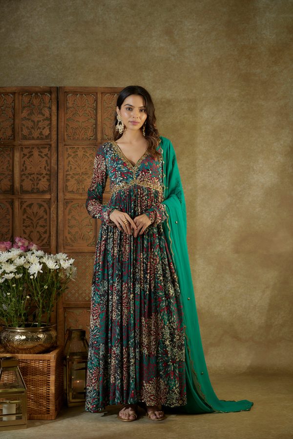 Green Printed Anarkali With Embroidery And Dupatta Set Sale