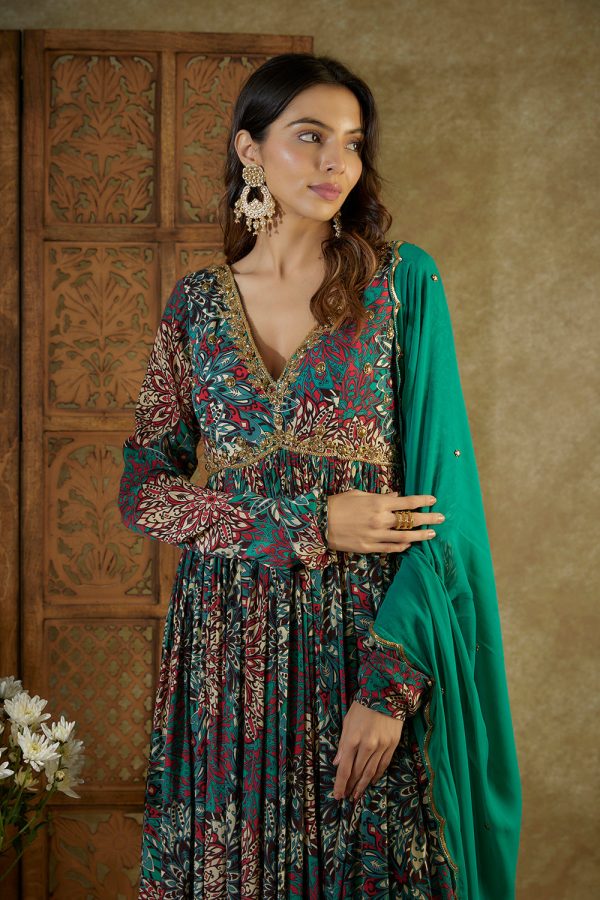 Green Printed Anarkali With Embroidery And Dupatta Set Sale