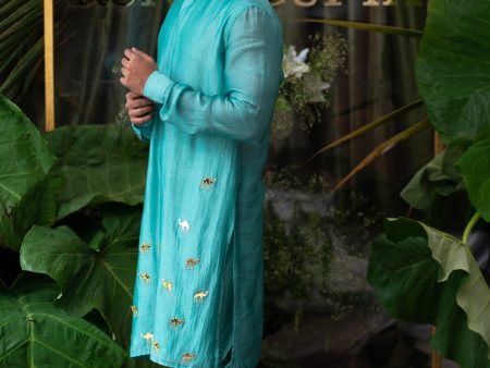 Airy Aqua Camel Embroidered Kurta Sets Supply