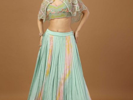 Tye Dye Pleated Can-Can Skirt With Blouse And Short Shrug Hot on Sale