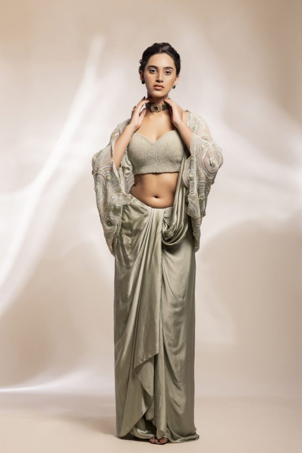 Abstract Embroidered Sheer Cape Ensemble With Pearl-Encrusted Bustier And Modal Satin Lungi Drape. Online now