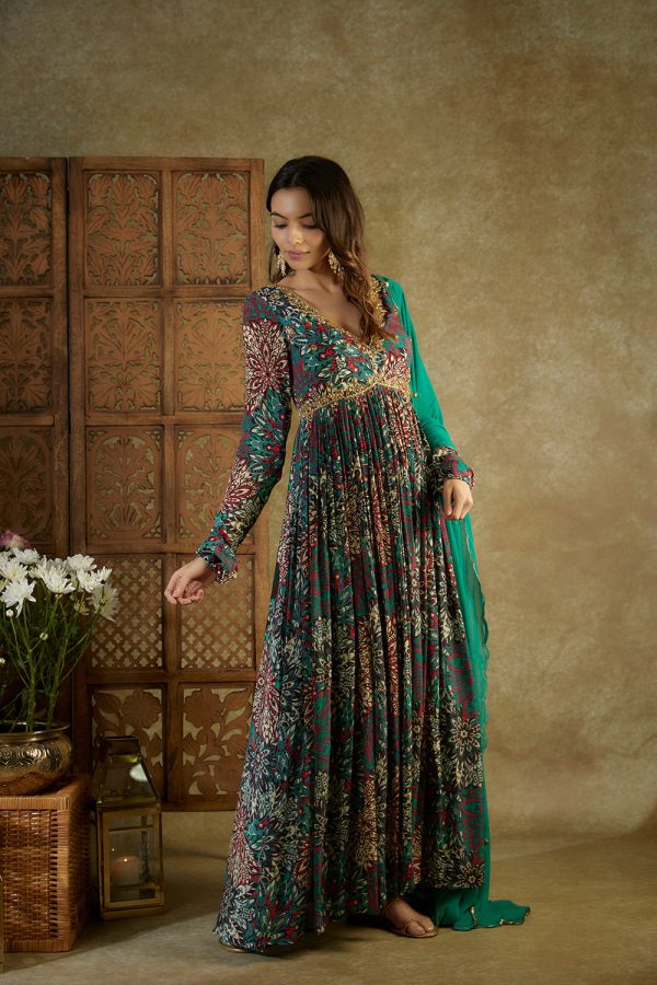 Green Printed Anarkali With Embroidery And Dupatta Set Sale