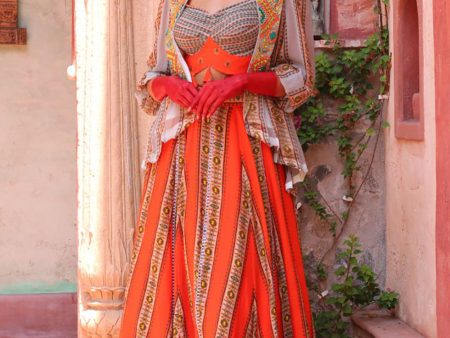 Ashen Grey Overlay With Pleated Bodice With Apricot Lehenga Supply