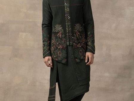 Forest Green Waistcoat With Panel Kurta And Pants Online