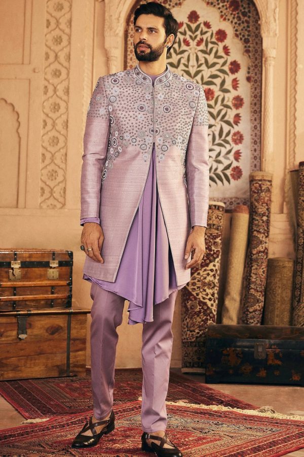 Lilac Embroidered Raw Silk Indowestern  Set Cheap