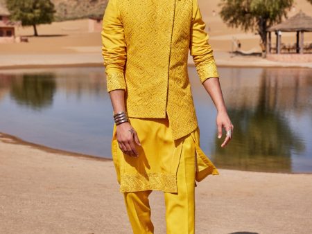 Yellow Slant Cut Waist Coat Set Cheap