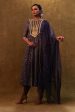 Charcoal Blue Anarkali Suit Paired With Dupatta And Drape Pants. For Discount