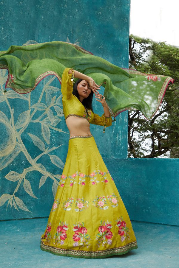 Yellow  printed lehenga set ornamented with embroidery neckline ,chiffon sleeves and printed organza dupatta Online Sale