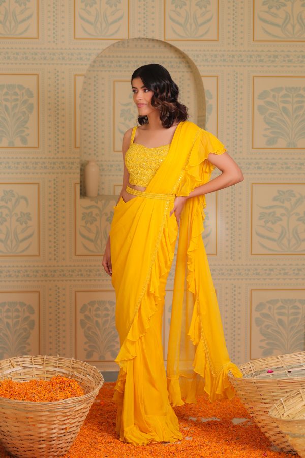 Yellow Drape Saree With Blouse And Belt Hot on Sale