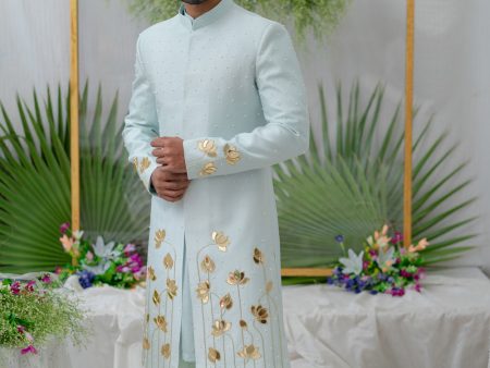 Aayan Lotus Powder Blue Embroidered Sherwani Set Online