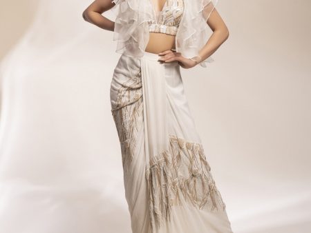 Abstract Cascade Lungi Drape With Organza Ruffle Jacket Online Hot Sale