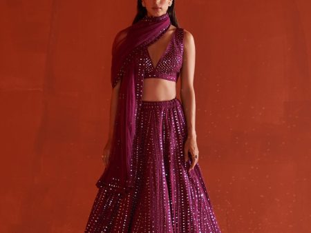 Wine Raw Silk Lehnga Set For Discount