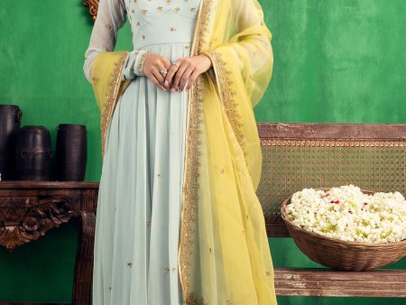 Aqua-Yellow Anarkali Set Fashion