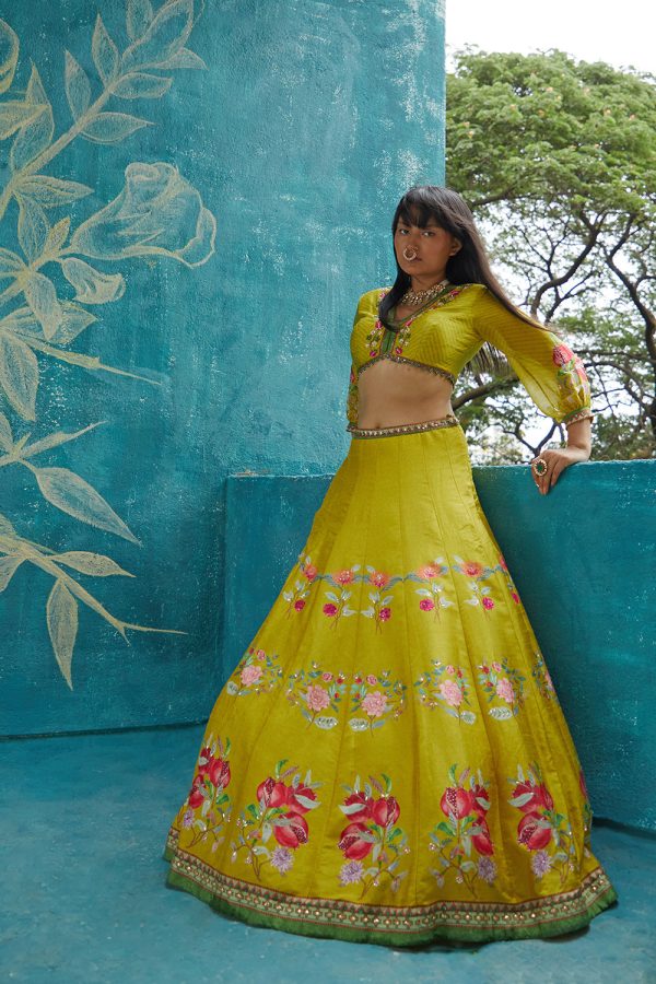 Yellow  printed lehenga set ornamented with embroidery neckline ,chiffon sleeves and printed organza dupatta Online Sale